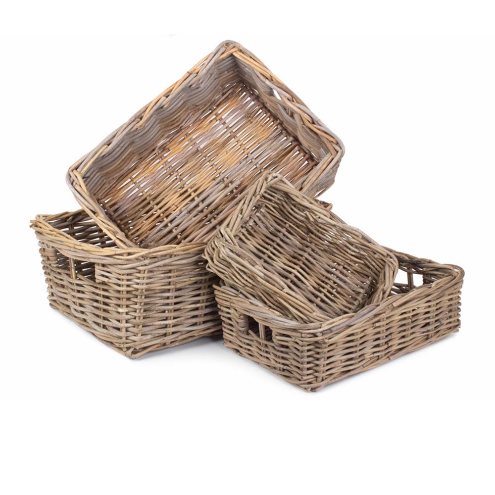 Shallow Kubu Grey Rattan Rectangular Basket