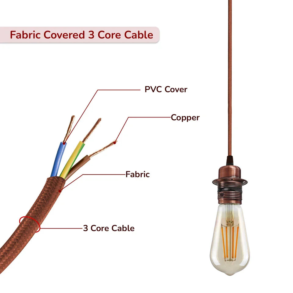 E27 Copper Colour Aluminum Holder Fabric 3 Core Round Brown Colour 2m Cable Pendant Set~3633